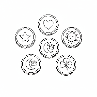 A black-and-white line art illustration showing six shiny silver coins, ideal for a number 6 counting and coloring activity.