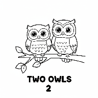 A black-and-white line art illustration of two cute owls perched on a branch, for a number 2 counting coloring page.