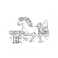Black and white line art of a galloping horse with the letter H.