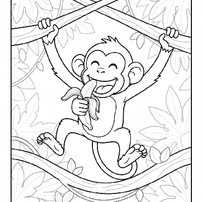 Black and white line art of a happy monkey smiling, eyes closed, enjoying a banana mid-air between two branches.