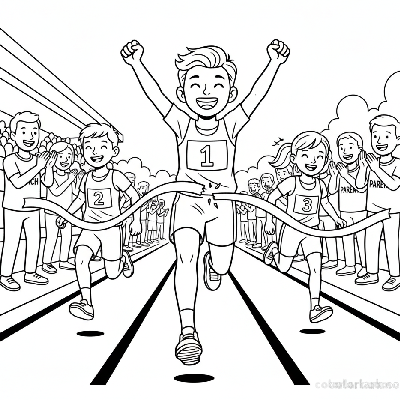 Line art of a kid runner crossing the finish line for first place, with a cheering crowd