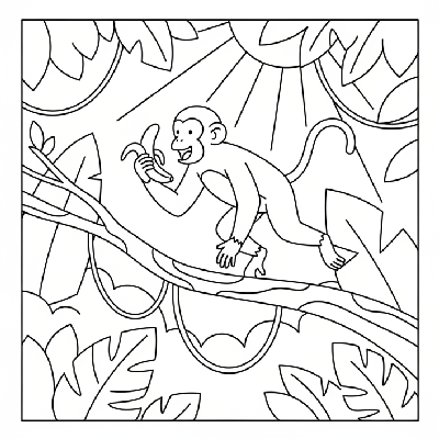Line art of a monkey gracefully leaping between high tree branches, holding a banana, with sunbeams filtering through the jungle canopy.