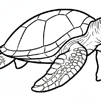 Black and white line art coloring page of a sea turtle gliding through water with a trail of bubbles.