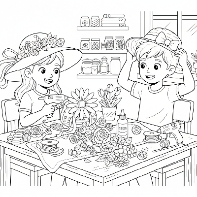 Black and white line art of two children decorating Easter bonnets with ribbons, flowers, and eggs.