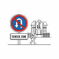 Coloring page of an Indian U-Turn Prohibited sign near a school zone.