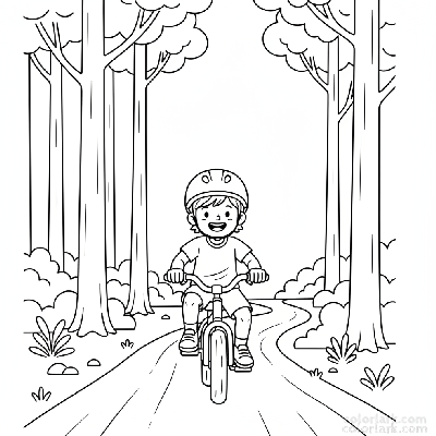 Black and white line art coloring page of a child with a helmet, riding a bicycle on a path through a bright forest clearing.