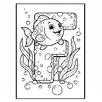 Black and white line art of a happy fish swimming around the letter F.