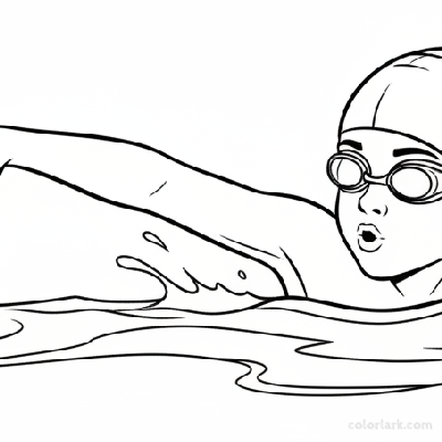 Black and white line art of a child doing a freestyle arm entry into a pool, with cap and goggles visible.