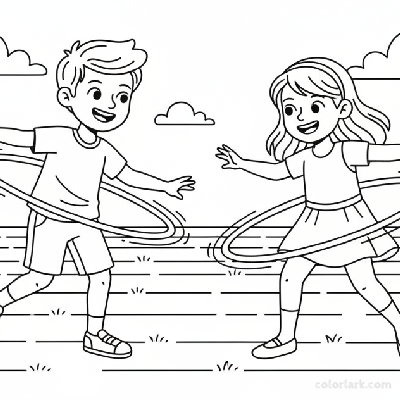 Line art of smiling children in a hula hooping contest
