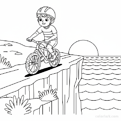Black and white line art coloring page of a boy with a helmet, riding a bicycle on a coastal cliffside track overlooking the ocean.