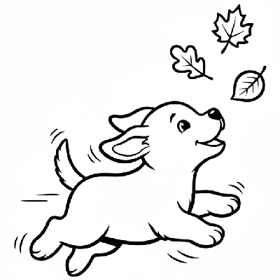 Black and white line art of a small puppy playfully chasing gently falling autumn leaves, for Indian learners to color.