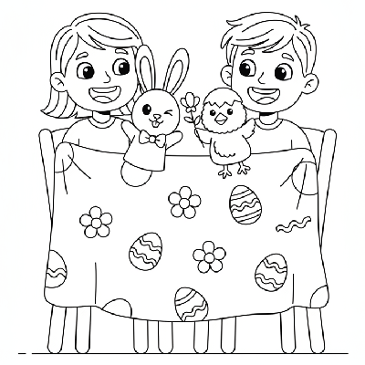 Black and white line art of two children putting on an Easter puppet show with bunny and chick hand puppets.