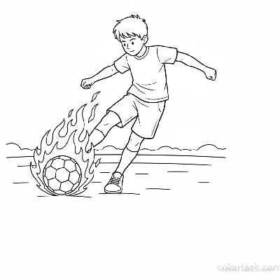 Line art of a boy child making a blazing football shot.