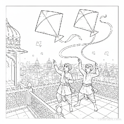 Line art of Indian boys flying kites on a heritage Indian city rooftop, depicting a traditional game, for coloring.
