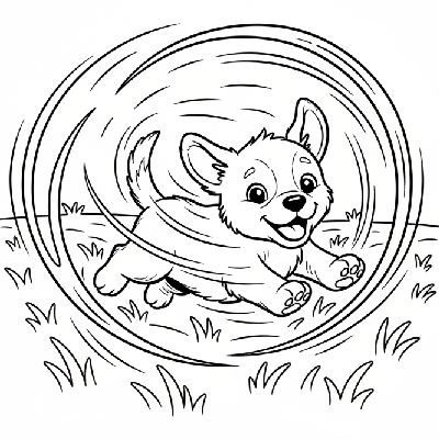 A black and white line art illustration of a playful puppy doing zoomies (running fast in circles) in an open field, for Indian learners.