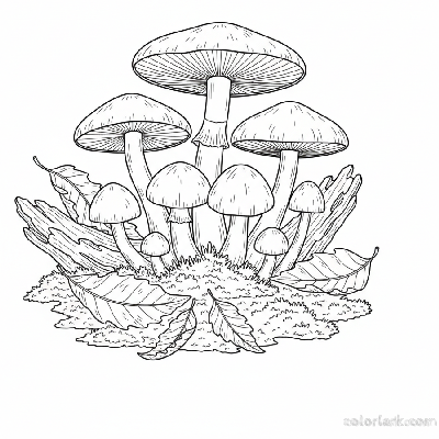 Black and white line art of a dense cluster of wild mushrooms growing on a detailed forest floor with bark and leaves, for coloring.