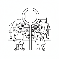 Coloring page of children learning about an Indian No Entry sign.