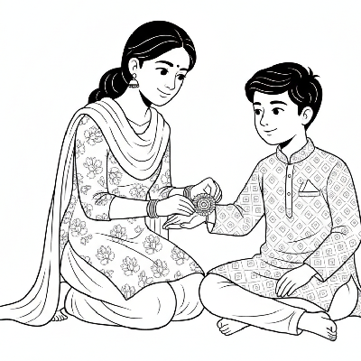 Line art of an older sister tying an intricate Rakhi on her younger brother's wrist