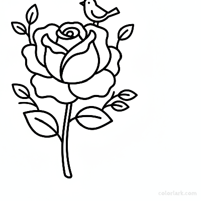 Beginner rose and a cute bird coloring page for nature kids, black and white line art, simple flower and bird drawing.
