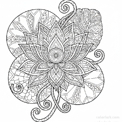 Black and white Zentangle drawing of an ornate lotus flower with complex patterns.