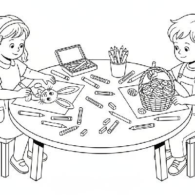 Black and white line art of two children sitting at a table, drawing their own Easter bunny and egg pictures.