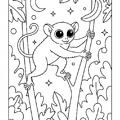 Line art of an agile Tarsier monkey with large eyes, jumping between branches, reaching for a banana in a night jungle setting.