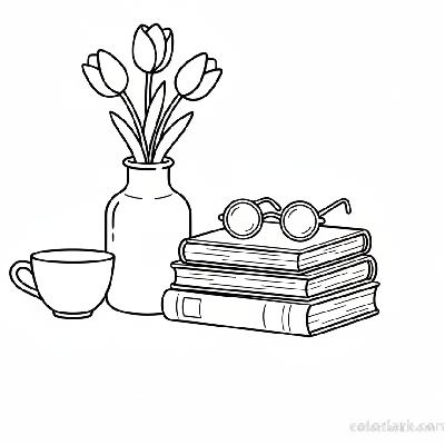 Line art illustration of a still life with a tulip bouquet and old books