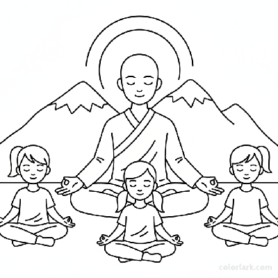 Line art of kids meditating in Lotus Pose with a yoga teacher.