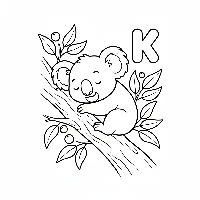 Black and white line art of a sleepy koala hugging a tree with the letter K.