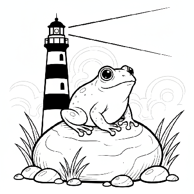 Black and white line art of a frog watching a distant lighthouse from a coastal rock.
