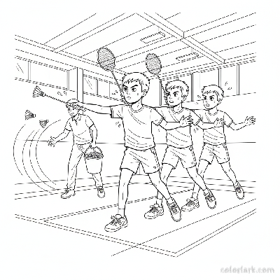 Line art of a focused boy doing badminton smash drills with a coach.