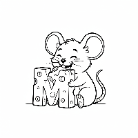Black and white line art of a tiny mouse nibbling on a cheese shaped like the letter M.