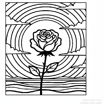 Black and white line art of a dramatic rose silhouette against a simple background suggesting a sunset sky