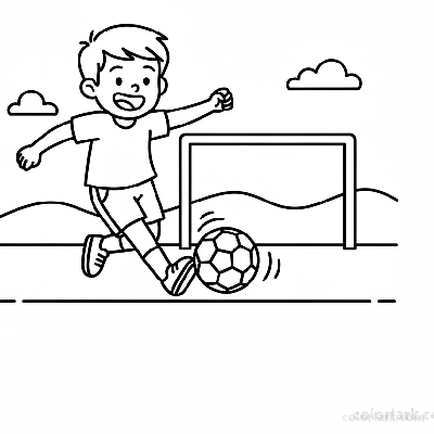Line art of a happy child kicking a football towards a goal.