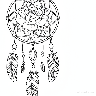 Black and white line art of a delicate blooming rose intricately woven into a dreamcatcher with feathers