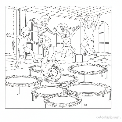 Black and white line art of a group of kids having fun and exercising on multiple trampolines in a kids fitness center.