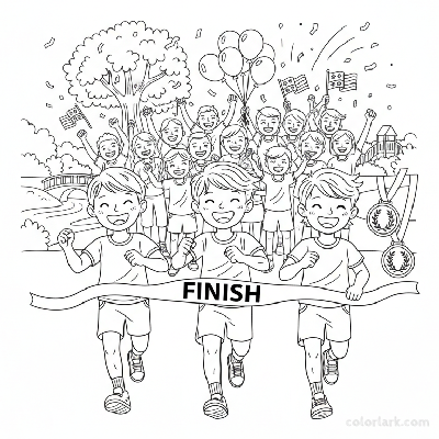 Line art of kids sprinting to a finish line, with implied medals and cheering fans