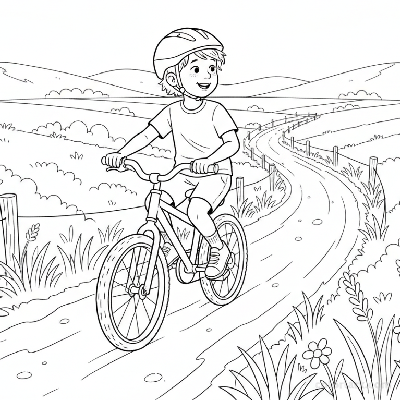 Black and white line art coloring page of a child with a helmet, riding a bicycle on a winding countryside track.