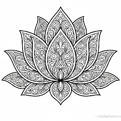 Black and white line art of a symmetrical lotus design filled with paisley patterns.