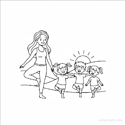 Line art of little yogis practicing Tree Pose with a teacher.