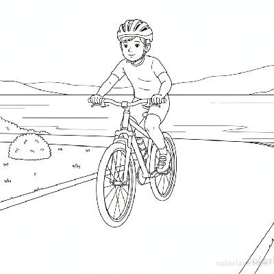 Black and white line art coloring page of a focused child with a helmet, riding a bicycle on a paved lakeside route.