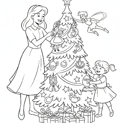 Black and white line art of a family hanging ornaments shaped like classic storybook characters on a Christmas tree.