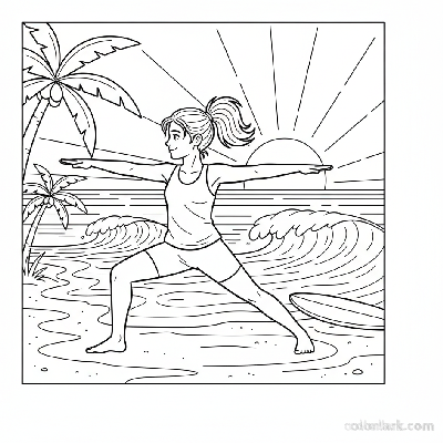 Line art of an energetic girl in Warrior II yoga pose on a surfing beach at sunrise, for coloring.