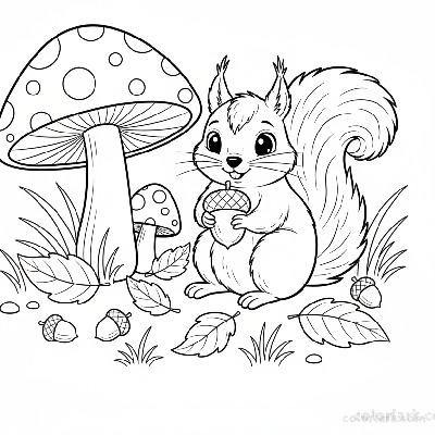 Black and white line art of a cute squirrel with an acorn next to a polka-dotted toadstool in a forest, for coloring.