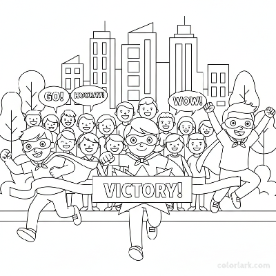 Line art of kids in superhero capes sprinting to a finish line with a 'Victory!' emblem, cheered by fans