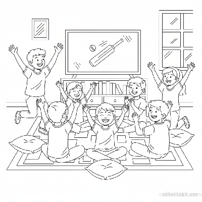Black and white line art of excited Indian children cheering a cricket boundary while watching a match on a television screen in a living room.