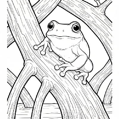 Black and white line art of a green tree frog clinging to a mangrove root.