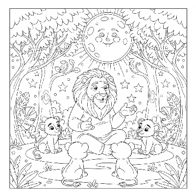 Black and white line art of a grandfather lion telling stories to cubs under moonlight