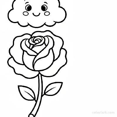 Beginner rose with a smiling cloud coloring page for kids fun, black and white line art, simple flower and happy weather.