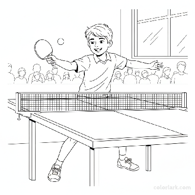 Line art of a young boy performing a table tennis forehand drive.